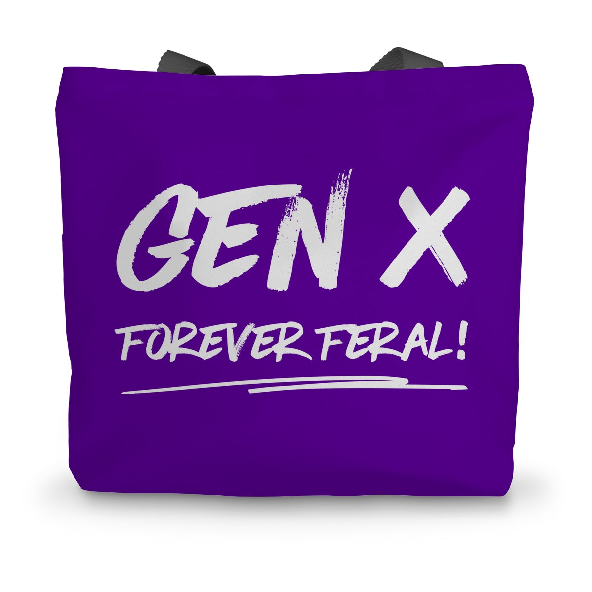 A purple canvas tote bag with black handles and the words Gen X Forever Feral written in white on the side.