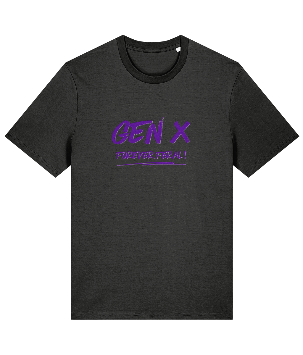 A dark heather grey organic cotton unisex t-shirt with the slogan Gen X Forever Feral written across the chest in purple.