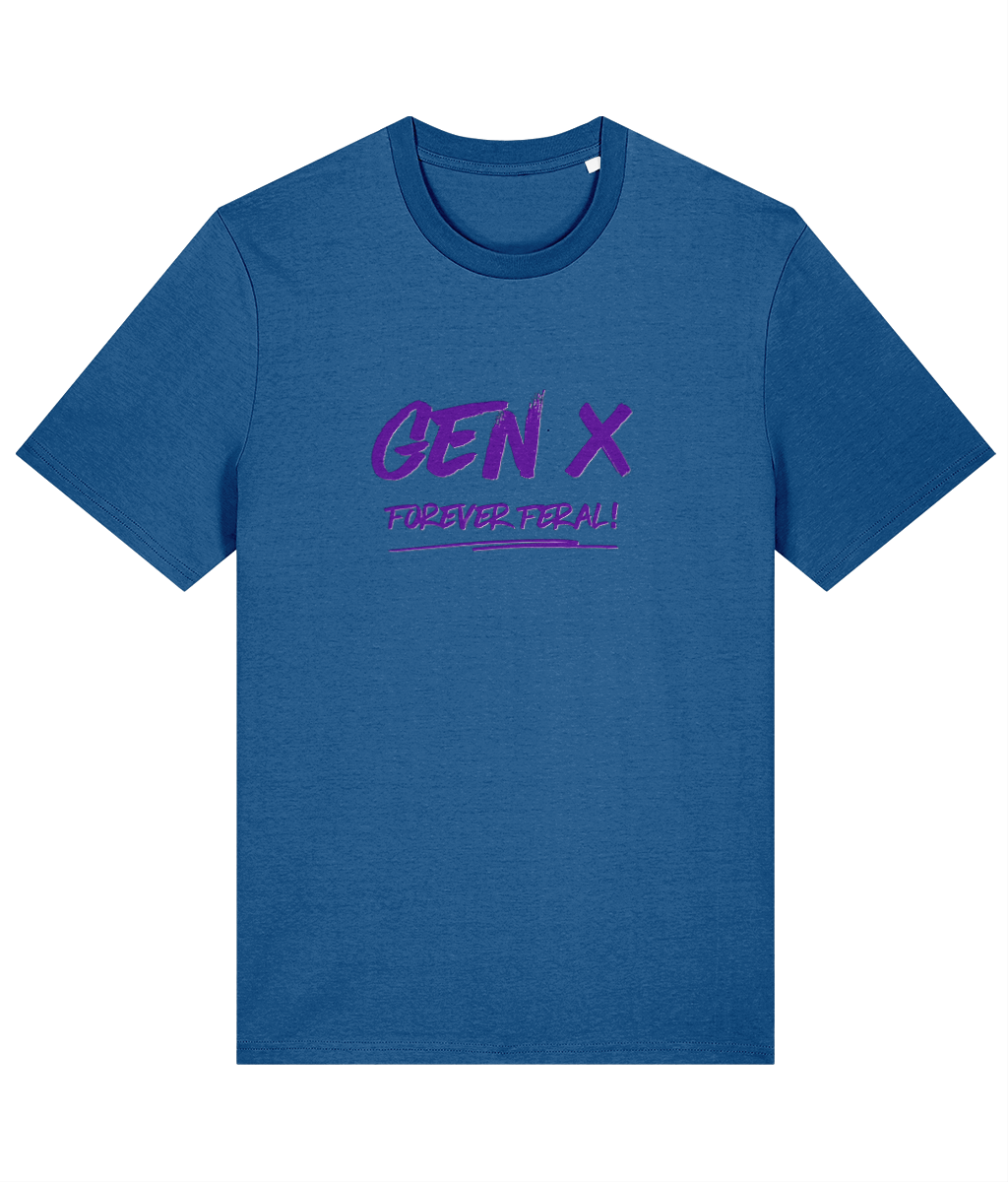 A mindful blue organic cotton unisex t-shirt with the slogan Gen X Forever Feral written across the chest in purple.