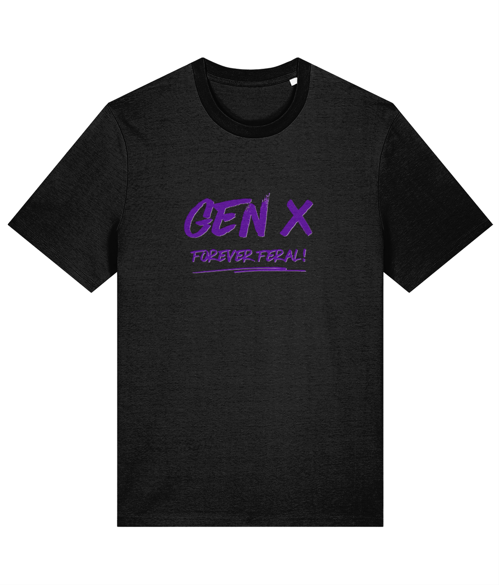 A black organic cotton unisex t-shirt with the slogan Gen X Forever Feral written across the chest in purple.