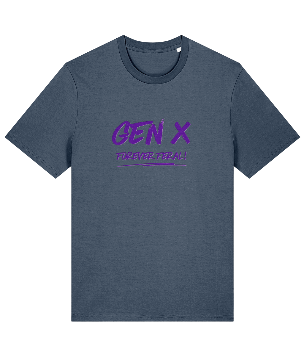 A dark heather blue organic cotton unisex t-shirt with the slogan Gen X Forever Feral written across the chest in purple.