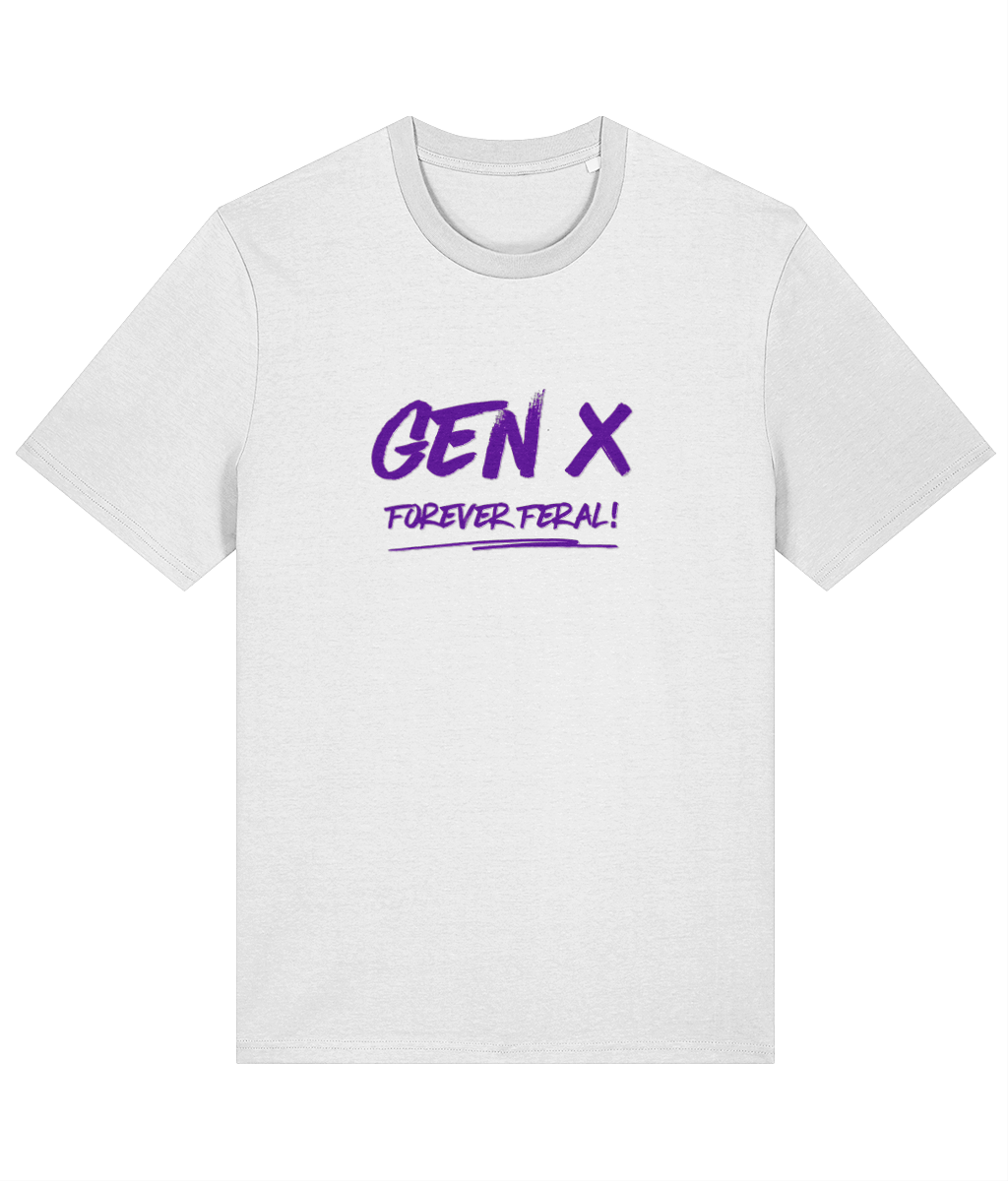A white organic cotton unisex t-shirt with the slogan Gen X Forever Feral written across the chest in purple.
