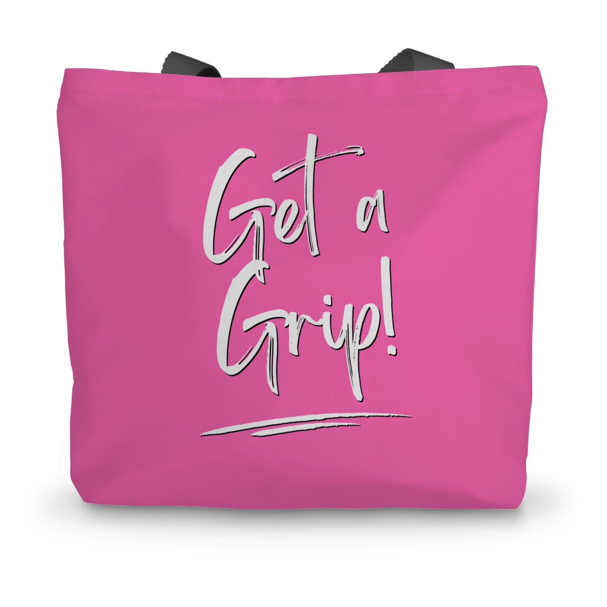 A hot pink canvas tote bag with black handles and the words Get a Grip! written on the side in white.