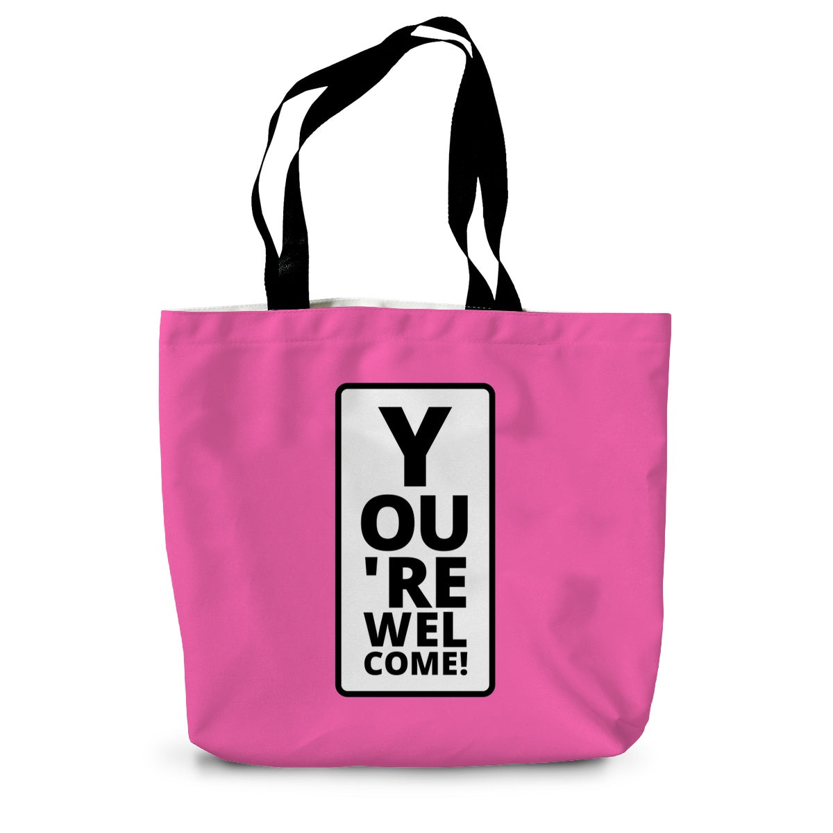 A hot pink canvas tote bag with long black handles and an amusing eye test design reading You're Welcome! on the side.
