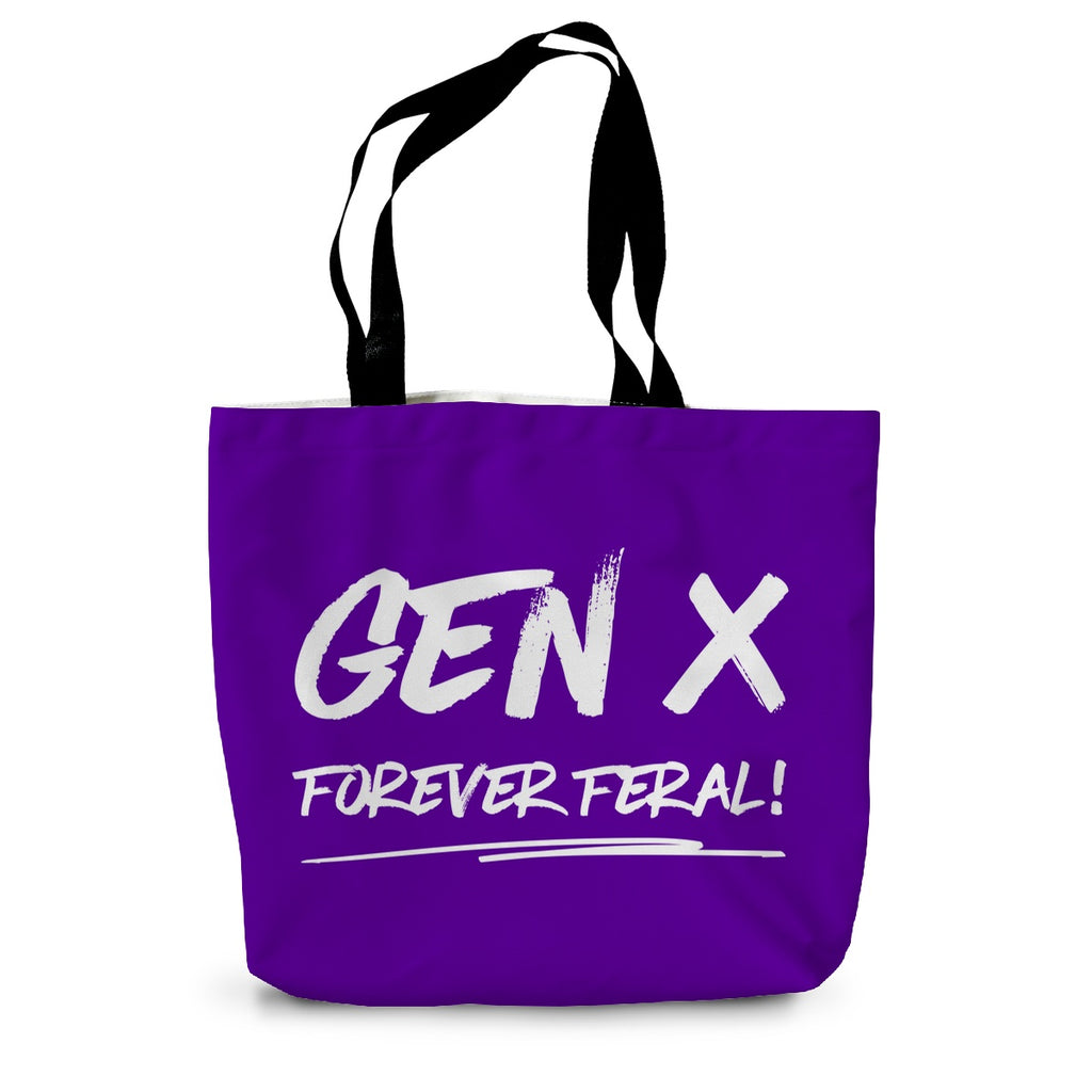 A purple canvas tote bag with long black handles and the words Gen X Forever Feral written in white on the side.