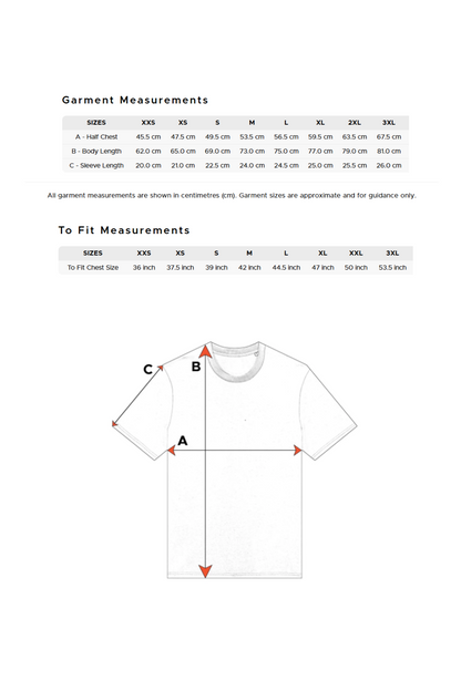 Sizing chart for All That Bex 100% organic cotton unisex t-shirt. Sizing ranges from XXS to 3XL and are displayed in cm for half chest, body length and sleeve length. A second chart indicates the chest size in inches that each size is meant to fit.