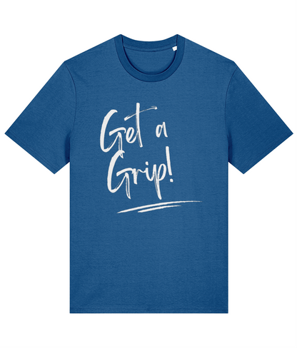 A mindful blue organic cotton unisex t-shirt with the words Get a Grip! written in white across the chest.