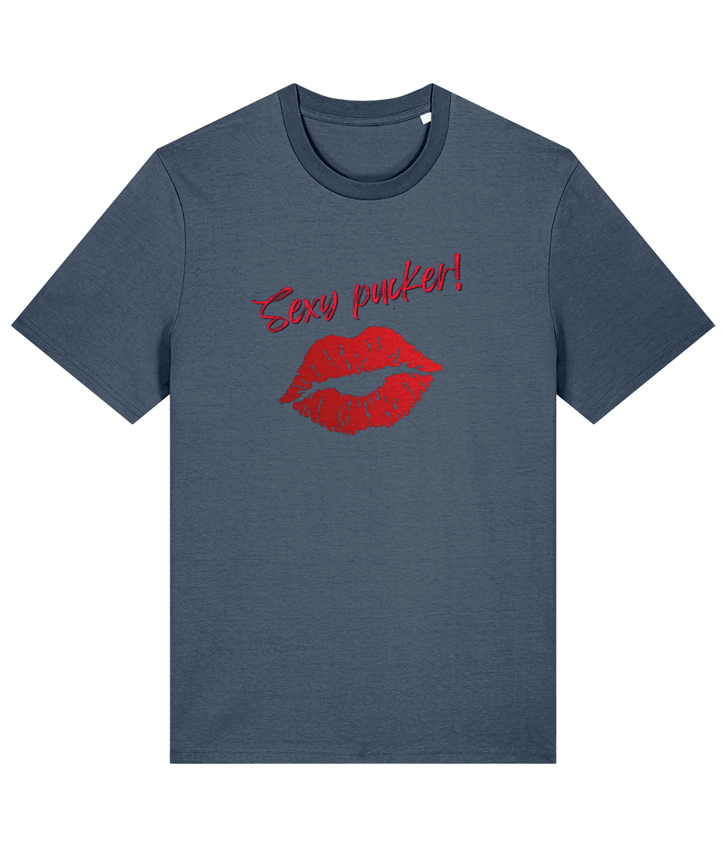 A dark heather blue organic cotton unisex t-shirt with bright red lips and the words 'Sexy pucker!' on the chest.