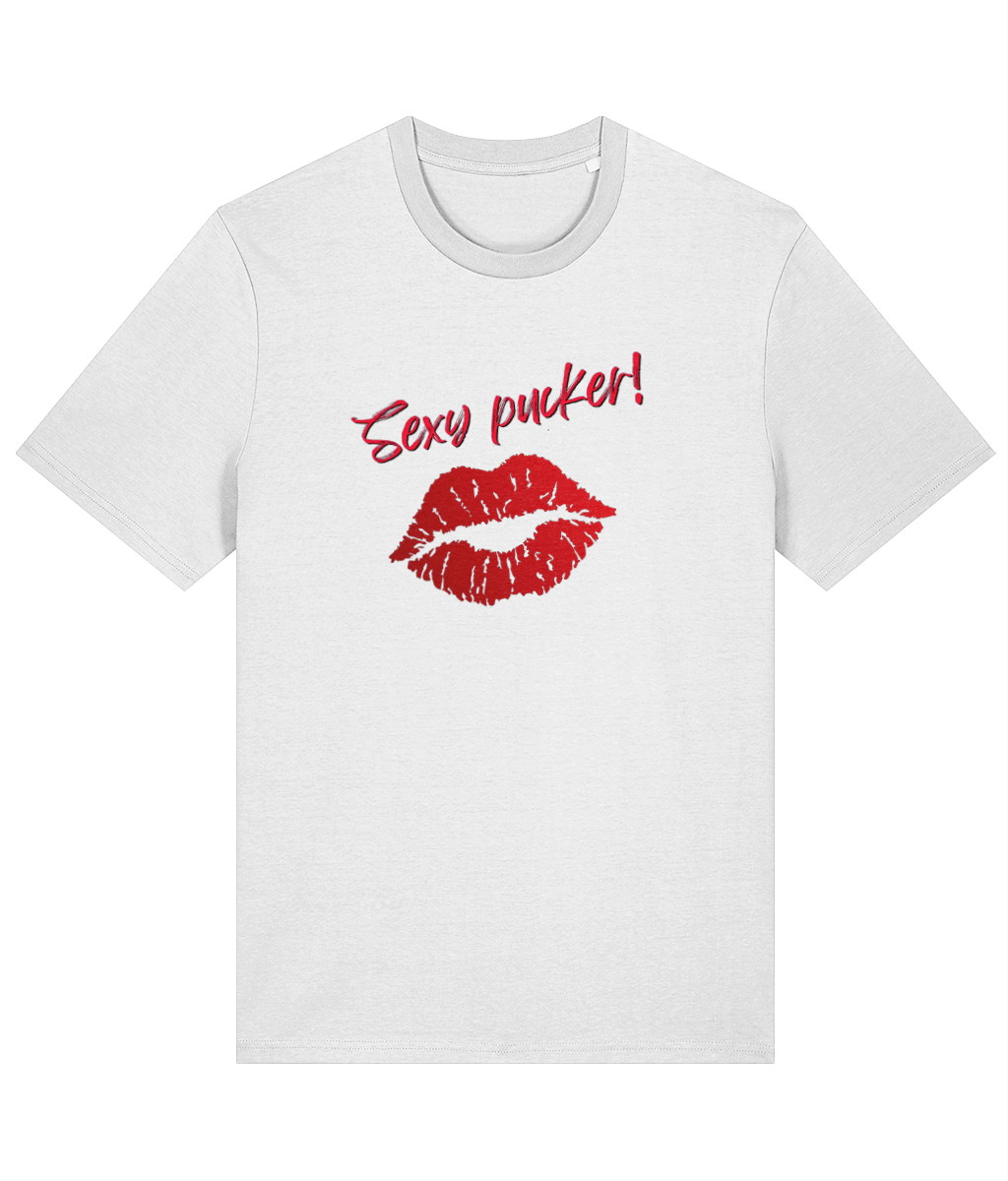A white organic cotton unisex t-shirt with bright red lips and the words 'Sexy pucker!' on the chest.