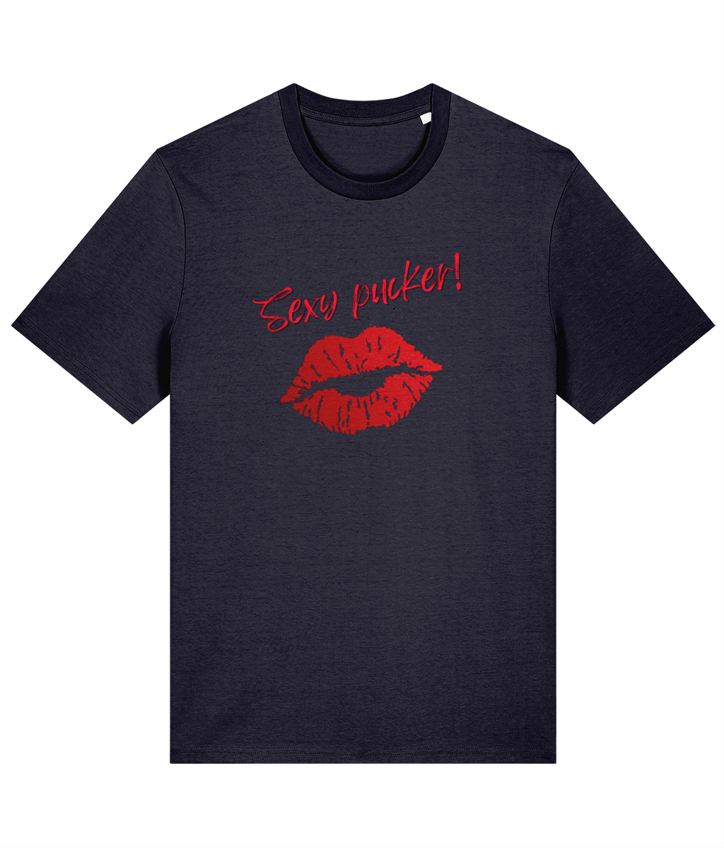 A French navy organic cotton unisex t-shirt with bright red lips and the words 'Sexy pucker!' on the chest.