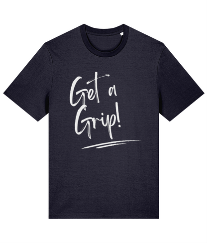 A French navy organic cotton unisex t-shirt with the words Get a Grip! written in white across the chest.