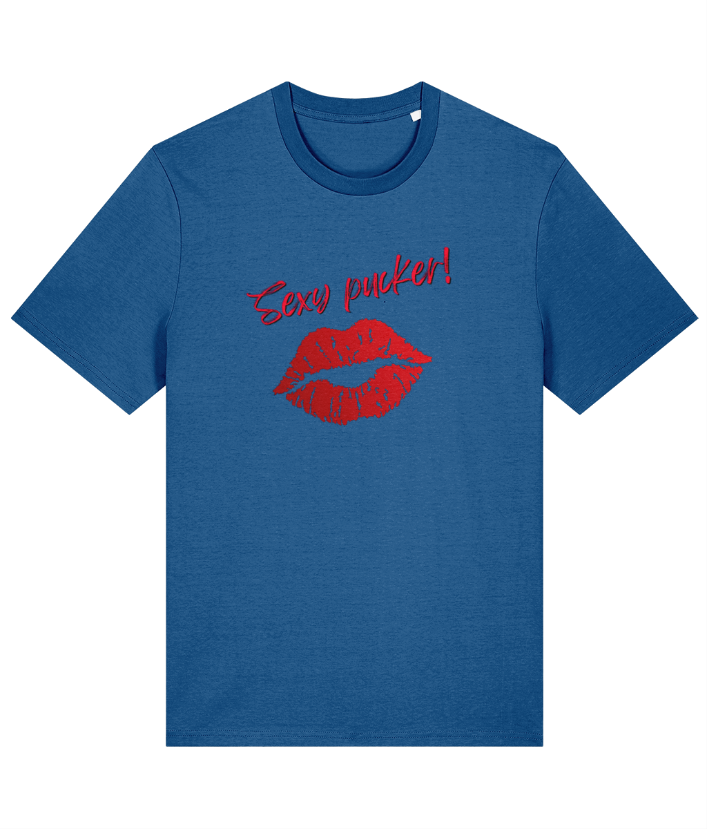 A mindful blue organic cotton unisex t-shirt with bright red lips and the words 'Sexy pucker!' on the chest.