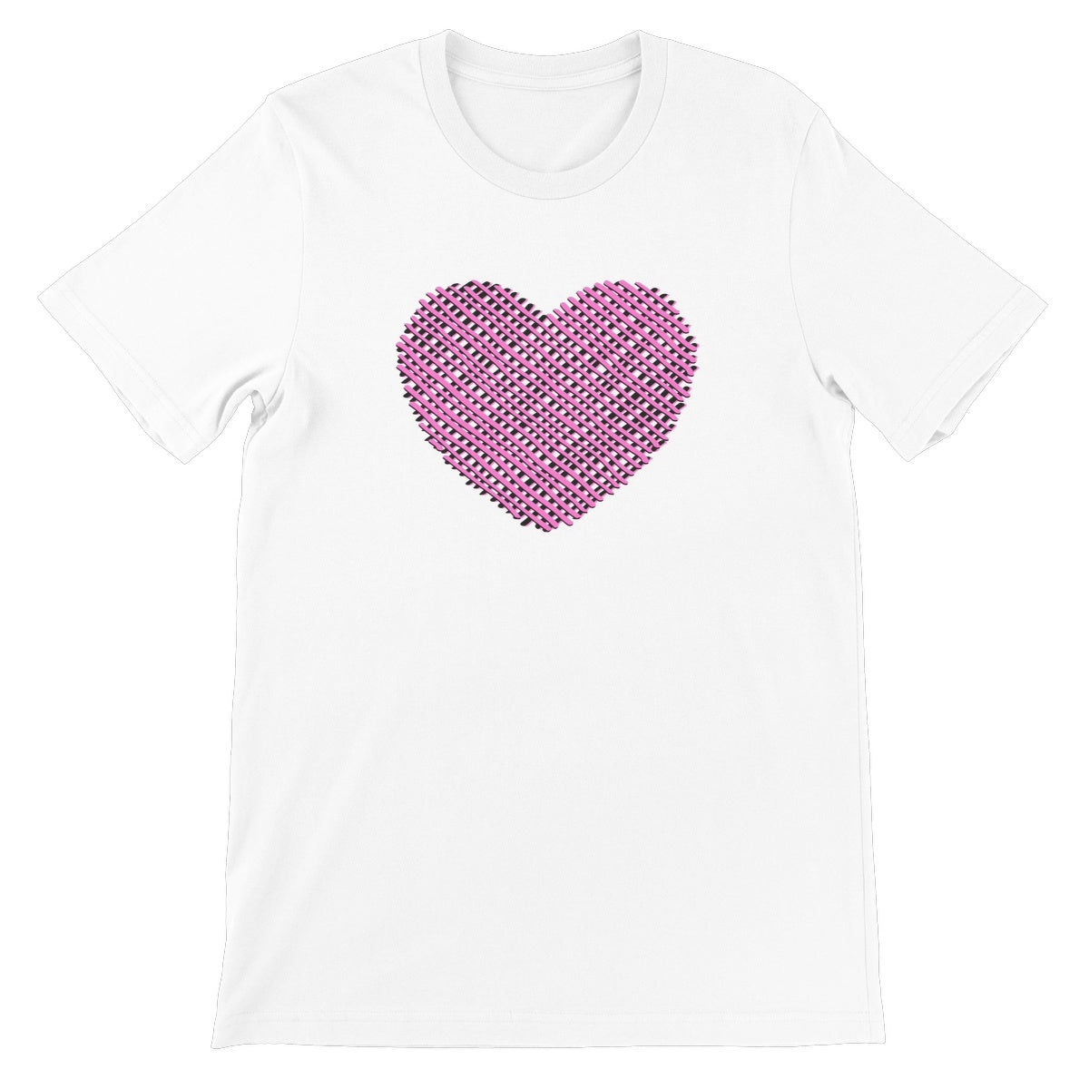 A white unisex crew neck t-shirt with a pink heart design in the centre of the chest.