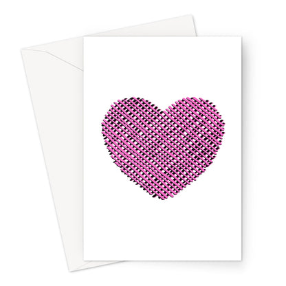Blank greeting card with a white background and a large digitally created pink heart in the centre.
