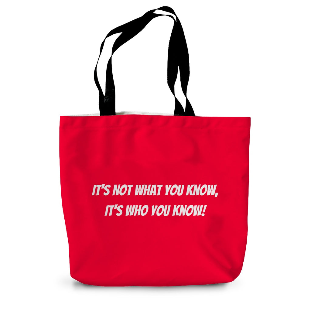 A bright red canvas tote bag with long black handles and the phrase 'It's not what you know, it's who you know' written on the side in white. Blank greeting card in bright red with the words 'It's not what you know, it's who you know' written across the centre in white. Lisa Barbour is a research nurse in Brighton at University Hospitals Sussex NHS Foundation Trust.