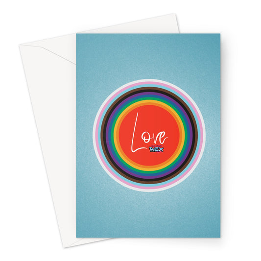 Blank greeting card with light blue background. On the blank card are eleven different coloured circles on top of one another with the rim of each shown, similar to a target. The centre is red and has the word 'Love' written in a white. The All That Bex logo is next to it. The colours from inside out represent the LGBTQIA pride flag with the rainbow, black and brown, and trans pink, blue, and white.
