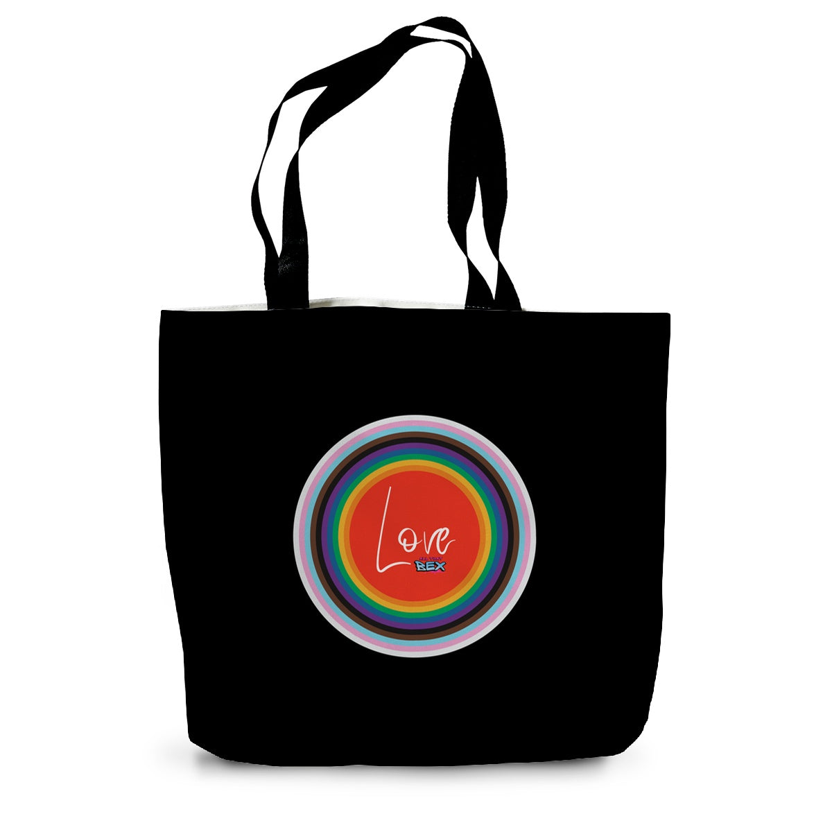 A black canvas tote bag with long black handles and an LGBTQ+ design on the side.