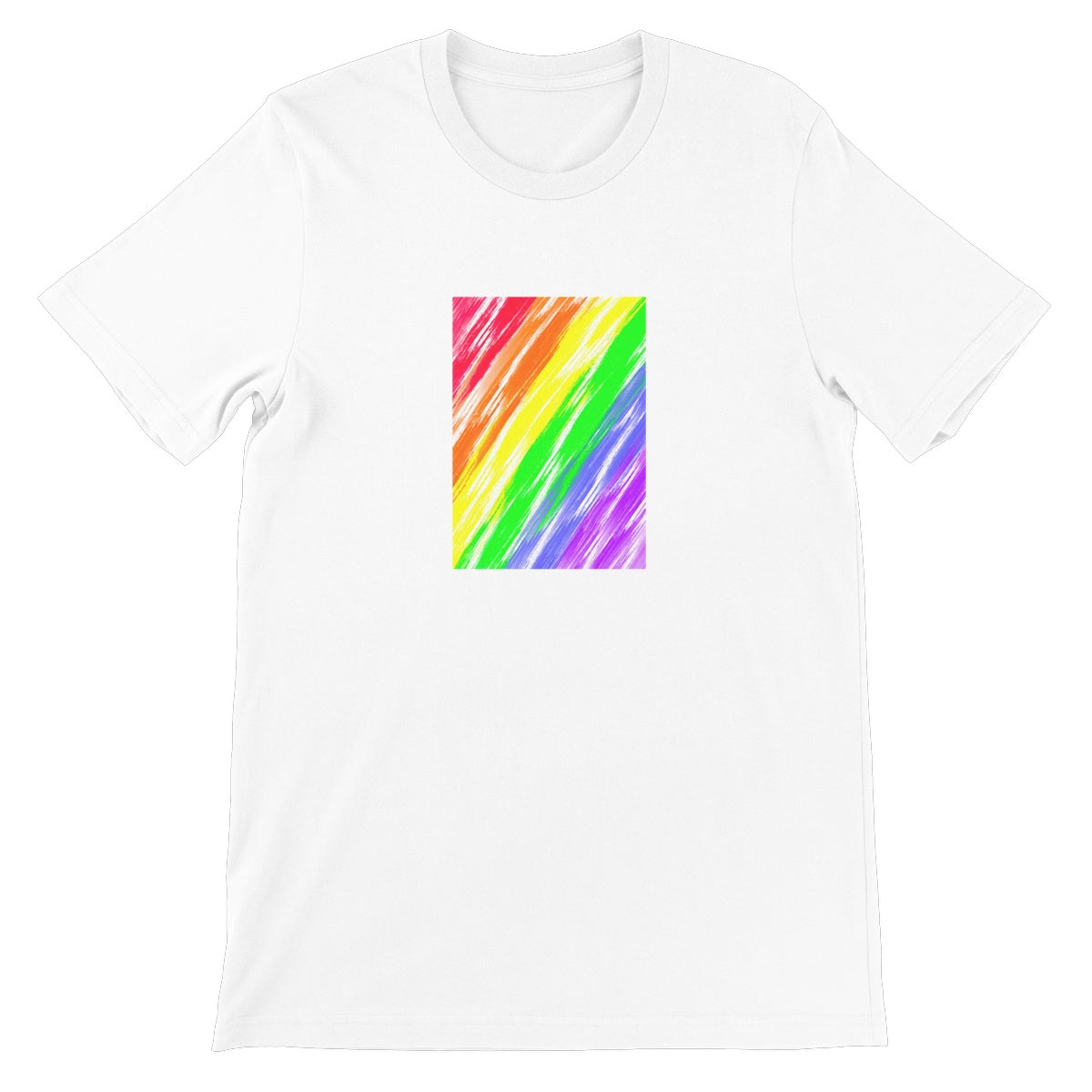 White unisex crew neck t-shirt with a digital art rainbow design in the centre of the chest.