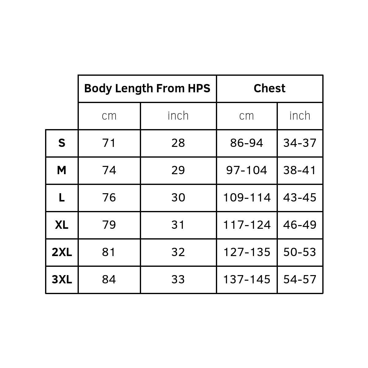 Sizing chart for crew neck short sleeve unisex t-shirts ranging from small to 3XL.