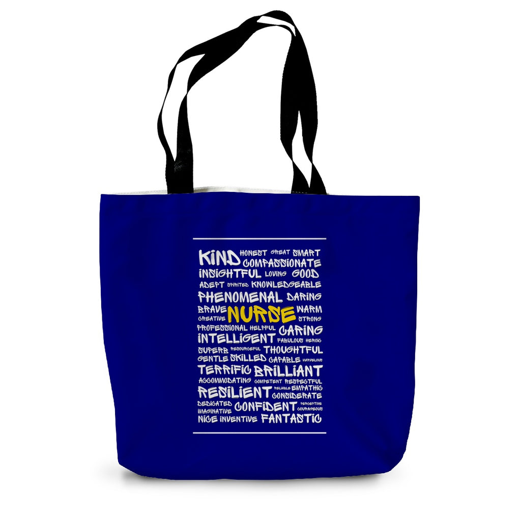 A blue canvas tote bag with long black handles and a cluster of positive words on the side written in white. The word nurse is written in yellow amongst the positive words.
