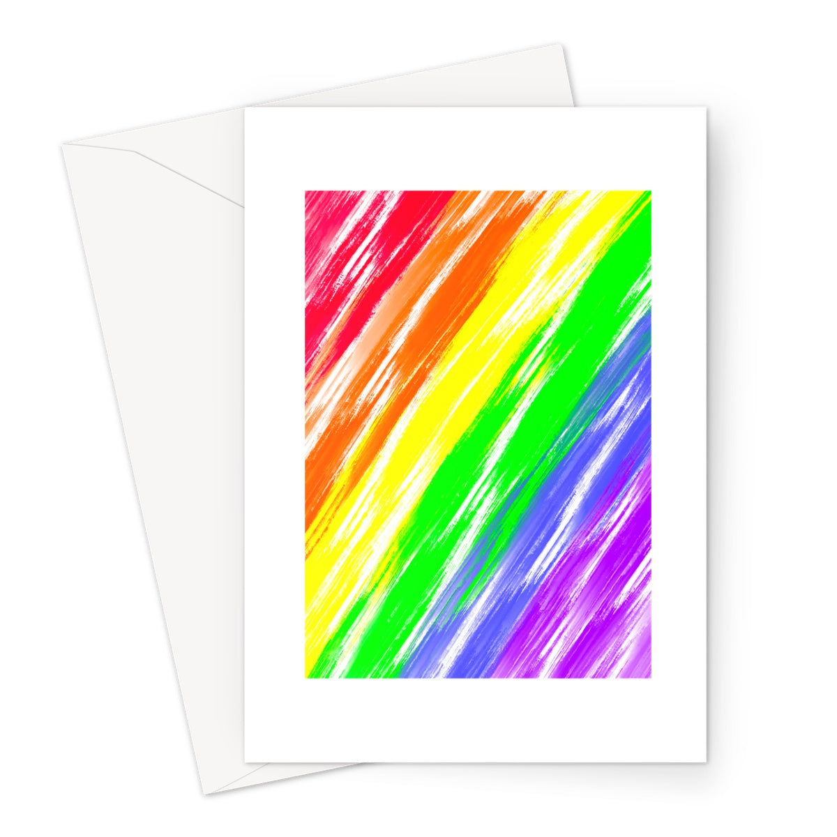 Blank greeting card with white background. In the centre of the card is original artwork by Aiden Bex called 'Rainbow'. The artwork consists of six coloured stripes layered diagonally with red at the top left, then orange, yellow, green, blue, and ending with violet in the bottom right corner. Each stripe is streaked and mixes with each adjacent colour.