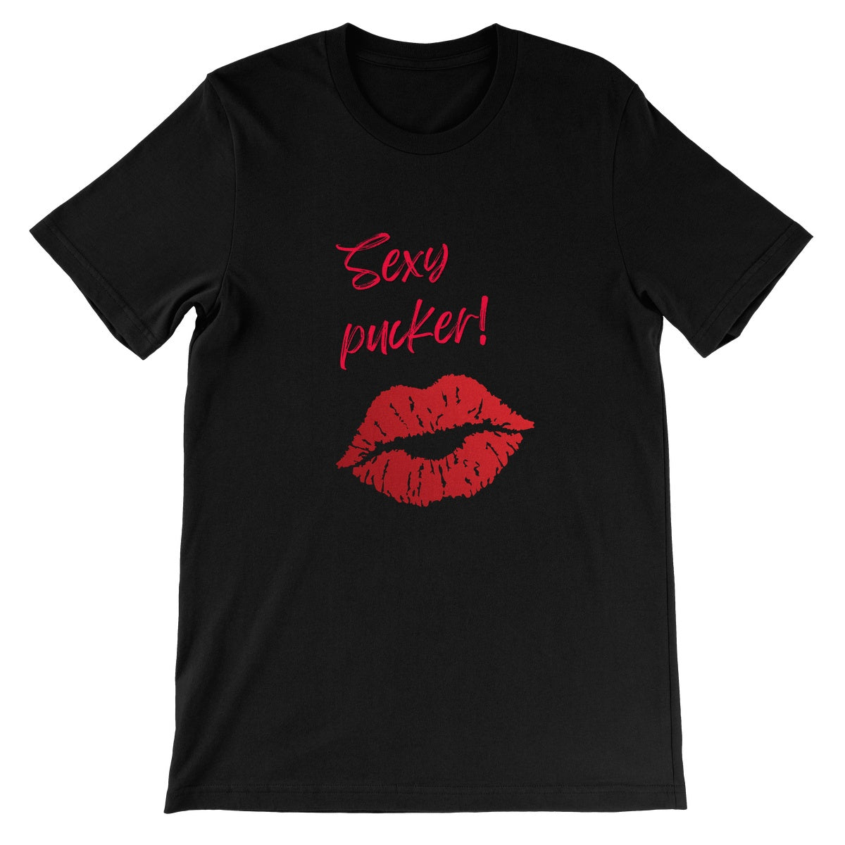 Black unisex crew neck t-shirt with a pair of lips and the words Sexy Pucker in bright red in the centre of the chest.