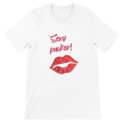 White unisex crew neck t-shirt with a pair of lips and the words Sexy Pucker in bright red in the centre of the chest.