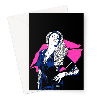 Blank greeting card with a black background and cartoon image of Sister Brandy Bex in her blowout pose and wearing her Band 6 NHS nurse uniform.. There's a large hot pink lipstick mark behind her. A small All That Bex logo also features towards the bottom of the card.