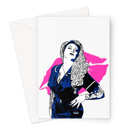 Blank greeting card with a cartoon image of Sister Brandy Bex in her blowout pose, wearing her Band 6 NHS nurse uniform. A large hot pink lipstick mark behind her. A small All That Bex logo features towards the bottom of the card.