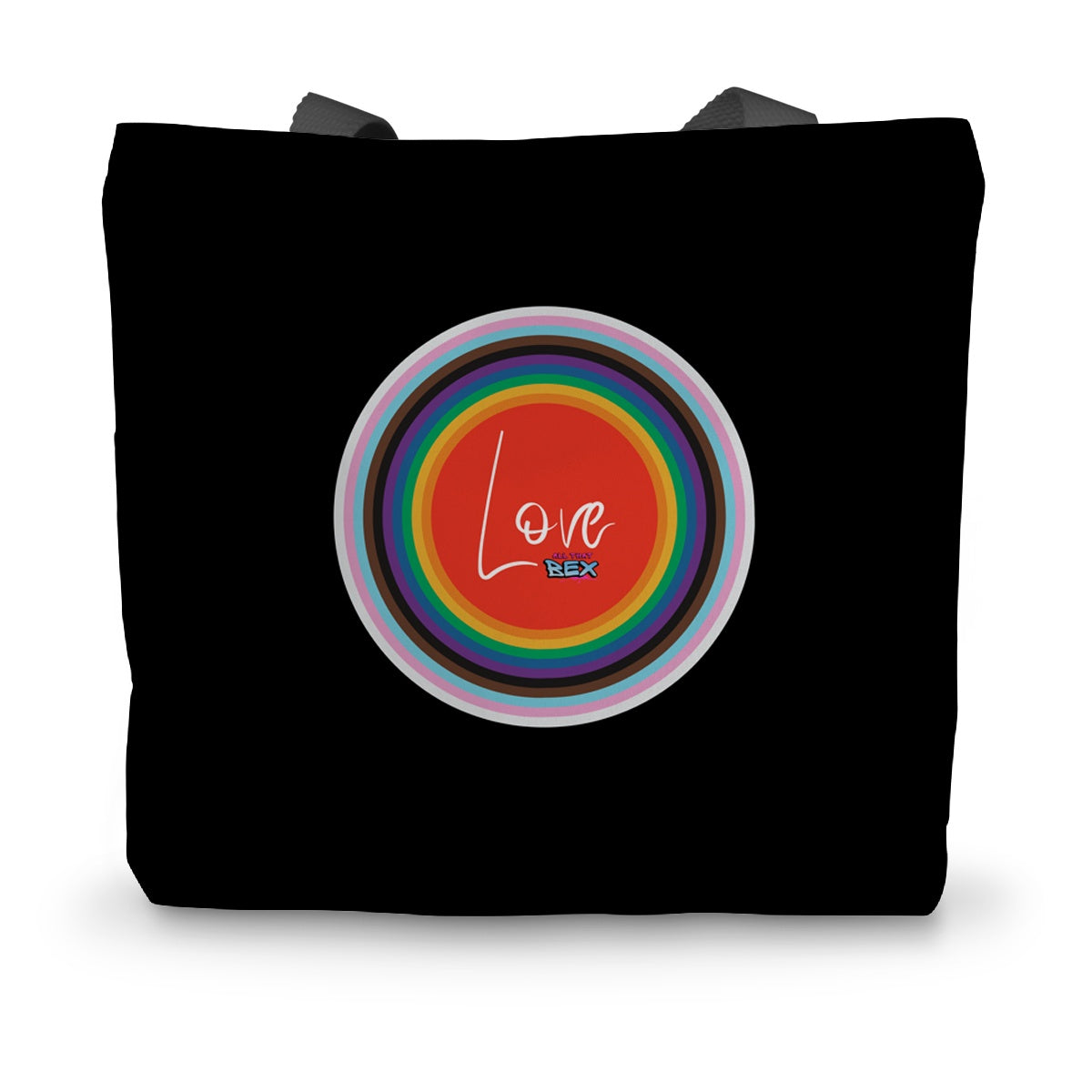 A black canvas tote bag with black handles and an LGBTQ+ design on the side.