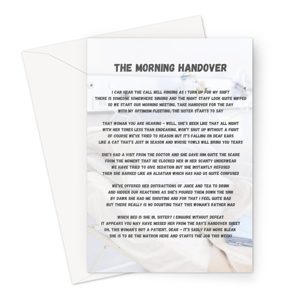 Blank greeting card with an original poem called The Morning Handover, written by Aiden Bex, on the front.