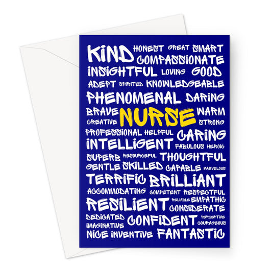 Blank greeting card with blue background covered in positive words written in white. Amongst the words is the word nurse written in golden yellow.
